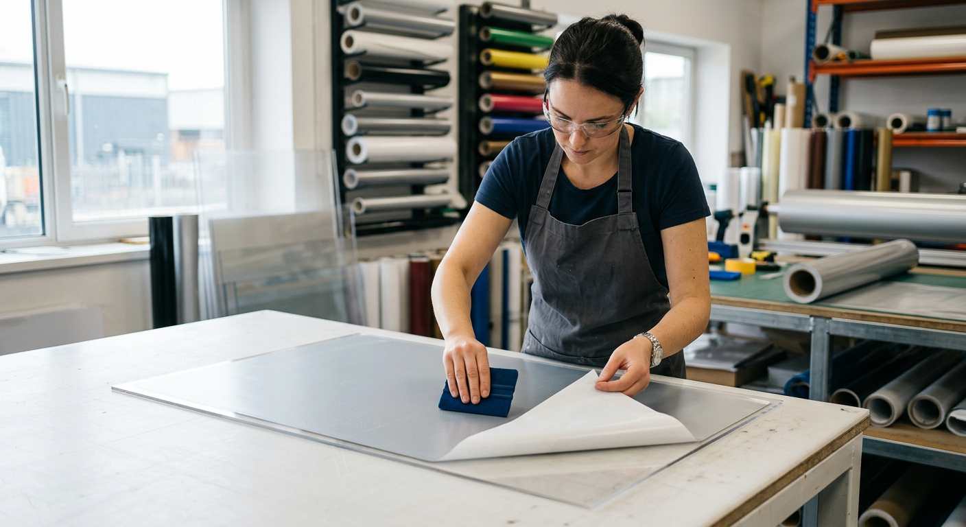 Hands applying film to a clear acrylic sheet with a squeegee